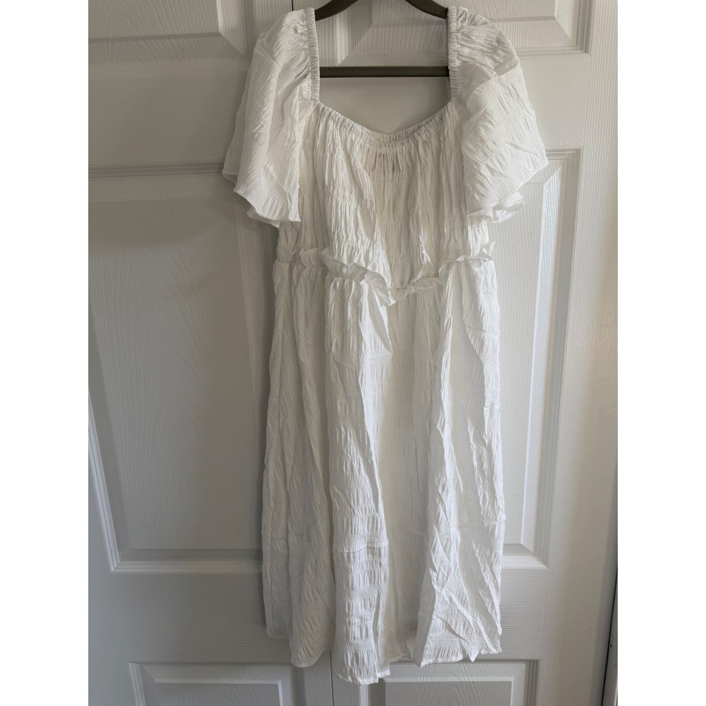 BesserBay‎ White Textured Square Neck Flutter Sleeve Midi Dress XL